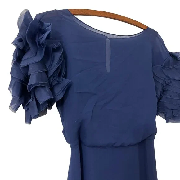 Marchesa Notte Womens Navy Blue Silk Organza Ruffle Sleeve Maxi Gown Size 0